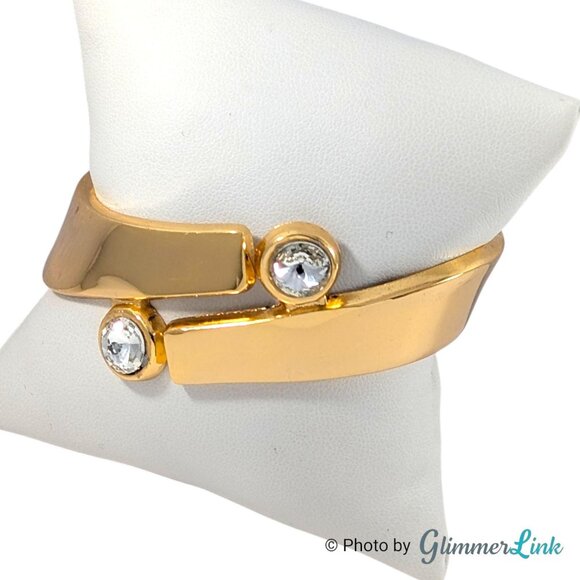 Vintage Modernist Clear Rhinestone Accents Gold Tone Hinged Cuff Bracelet - Picture 2 of 9